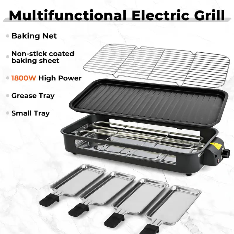 1800W 2‑in‑1 Electric Indoor Smokeless Grill & Pan, Non‑Stick Removabl