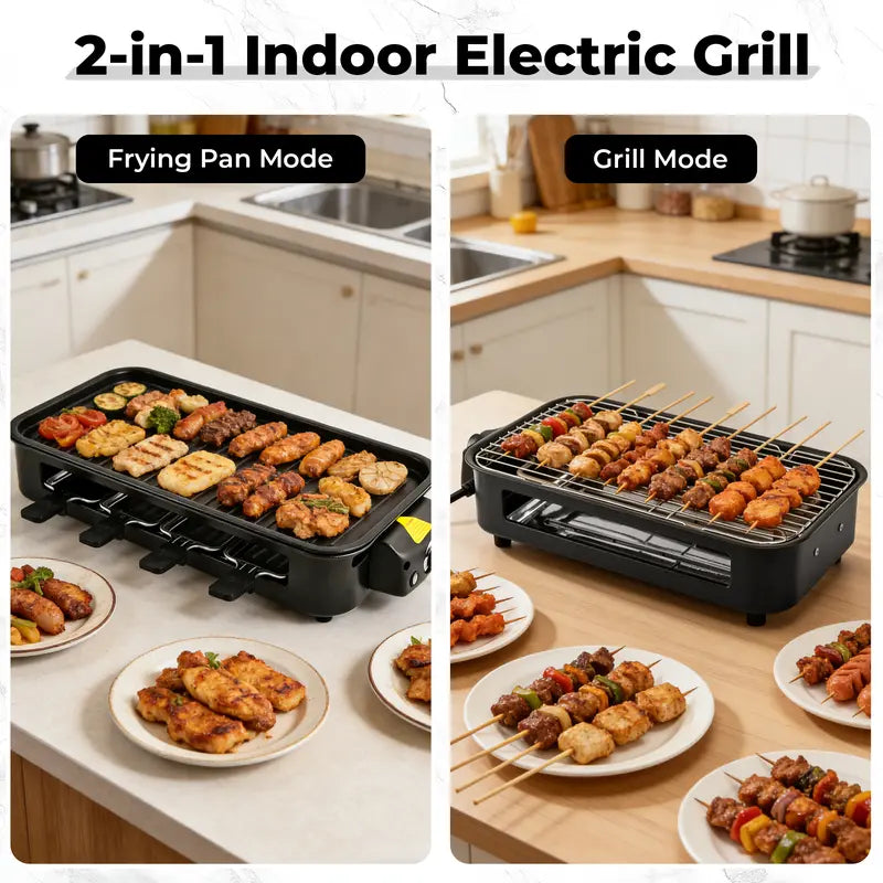 1800W 2‑in‑1 Electric Indoor Smokeless Grill & Pan, Non‑Stick Removabl